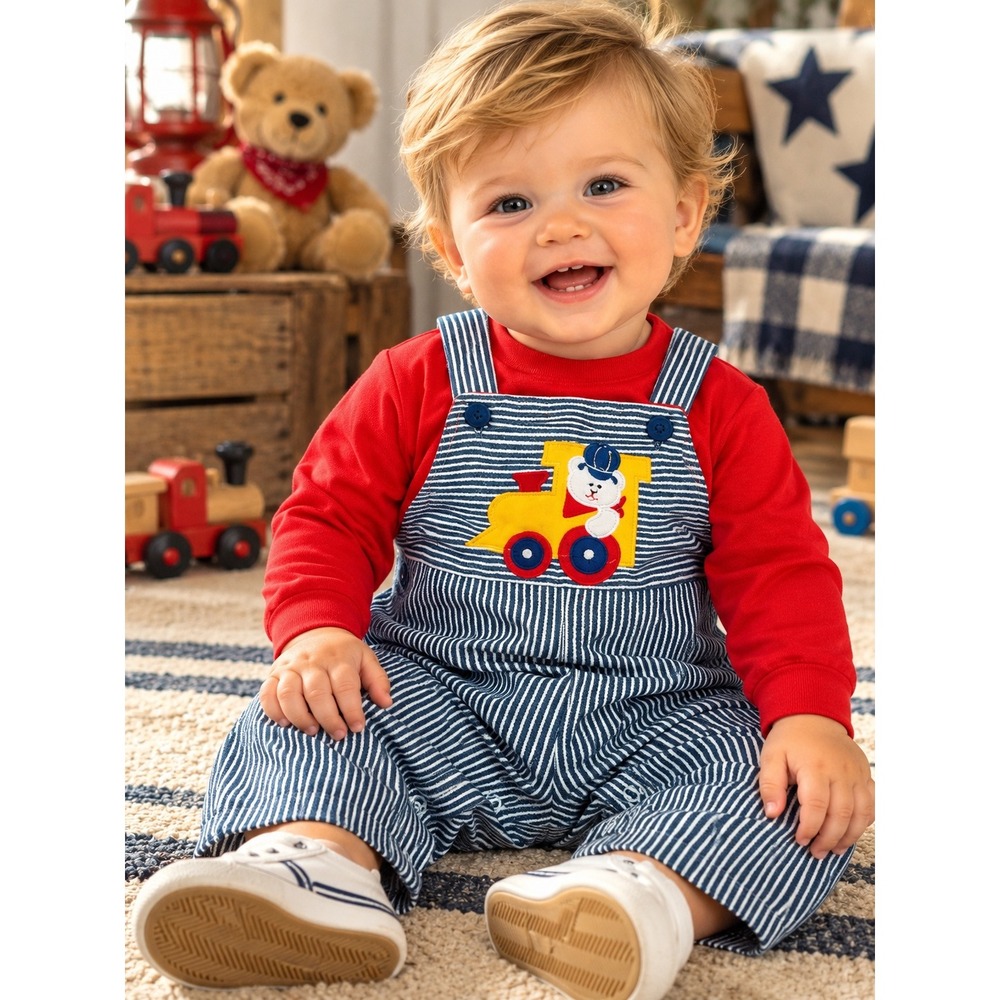 Vintage Health-tex Baby Boys Hickory Stripe Train Overalls Red Shirt Set 6M USA